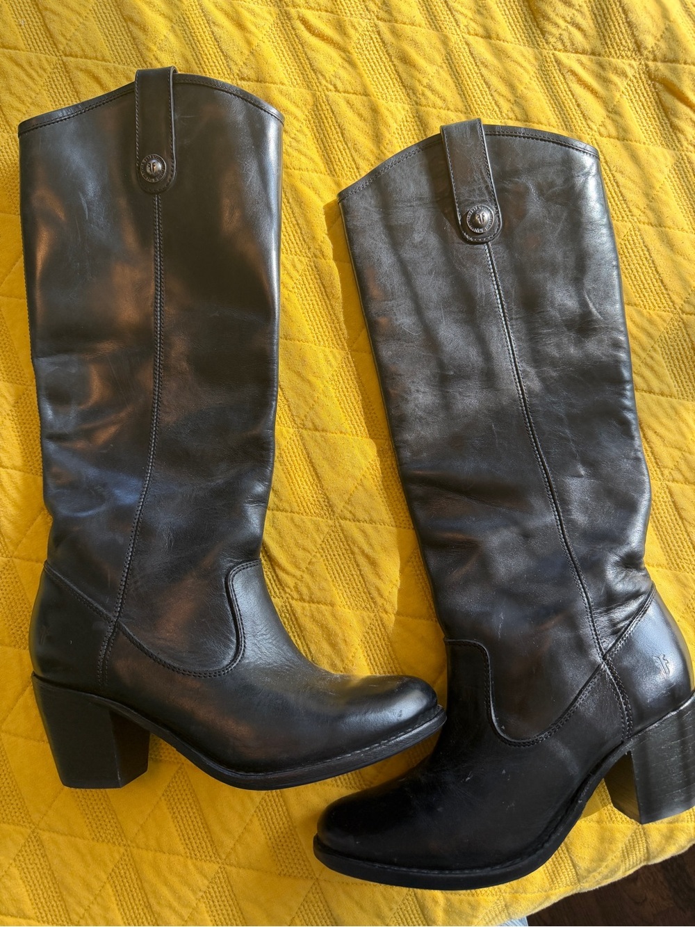 Frye Black Leather Mid-Calf Heeled Boots